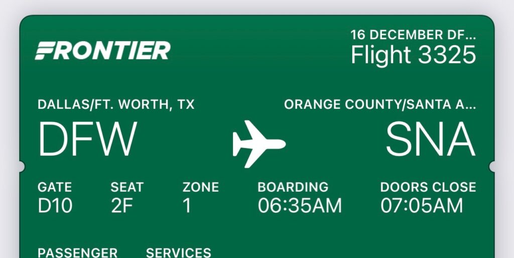 Digital boarding pass for Frontier flight.